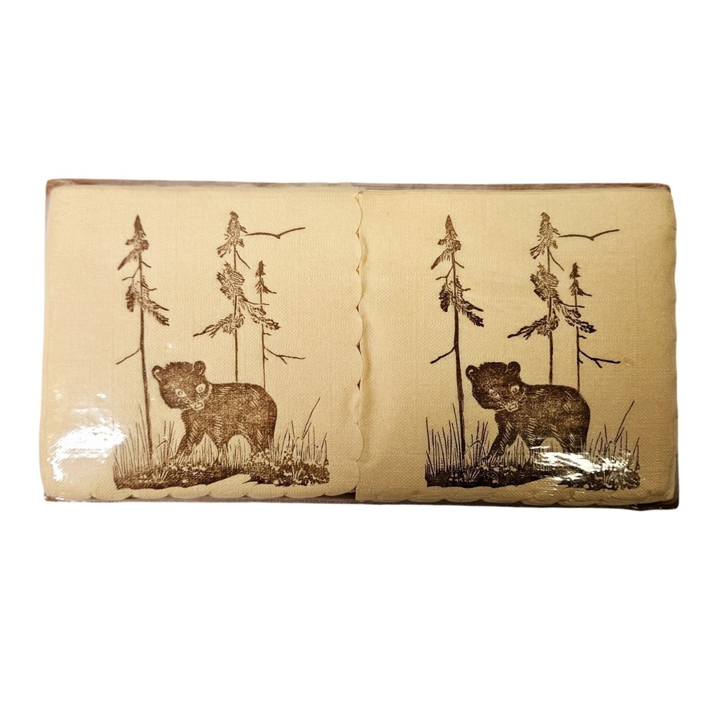 Vintage Cream Brown Bear Pine Forest Rustic Paper Guest Napkins Cabin